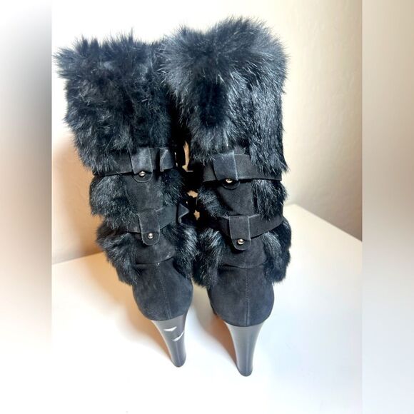 👢Aquatalia black fur fluffy belted Italian heel mid calf slip on boots boots 7 - Picture 7 of 13